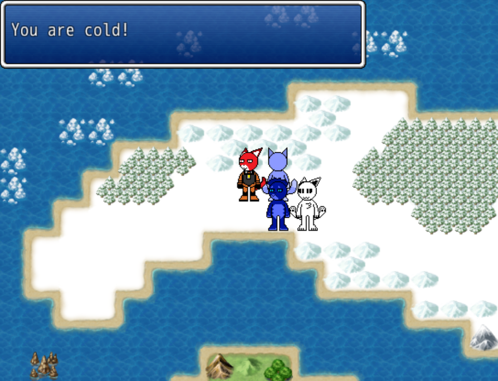 Window Manager Script - A top-down 2D RPG map shows a party of four anthropomorphic characters standing on a snowy, icy landmass surrounded by blue water. The characters are in the center, with the party leader, a red-clad character, at the front. Behind them are a blue, a purple, and a white character. The land is dotted with snow-covered trees and patches of ice. A dialogue box at the top left reads, 'You are cold!'